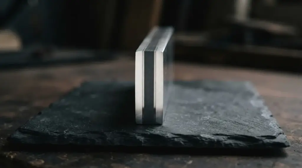 A polished cross section of laminated steel showing a hard core between softer jackets
