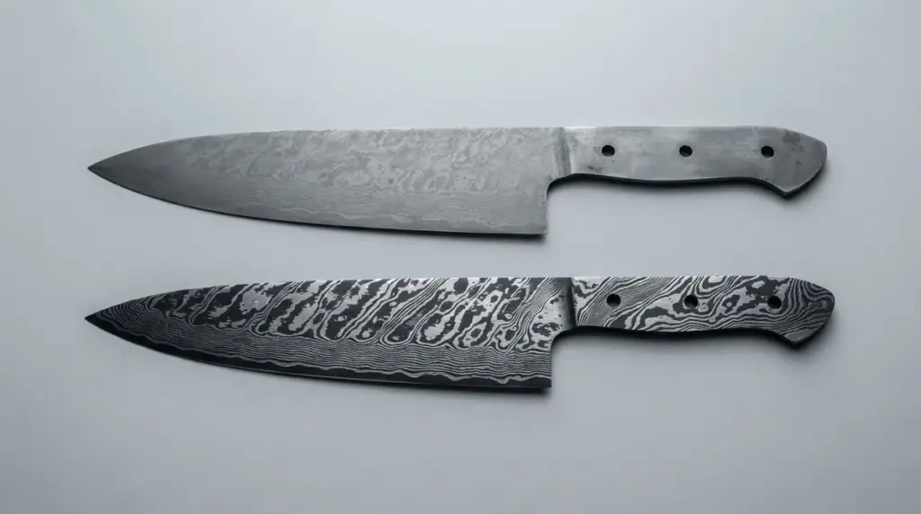 A faded grey Damascus blade beside a freshly etched blade with deep contrast
