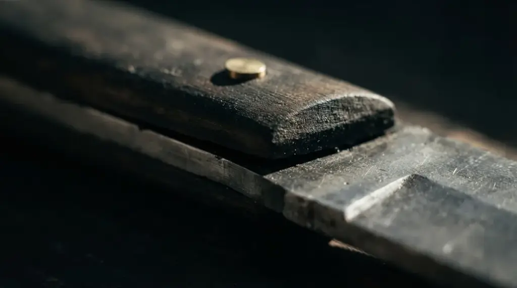 Macro of a handle scale meeting the tang with a visible gap and a proud pin