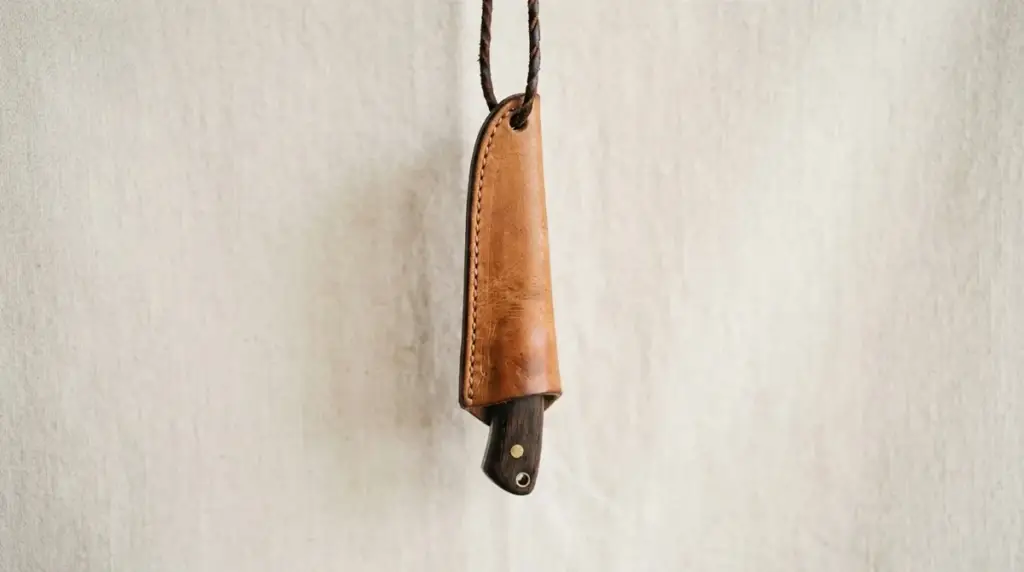 An inverted leather neck sheath hanging on a cord with a small knife seated inside it