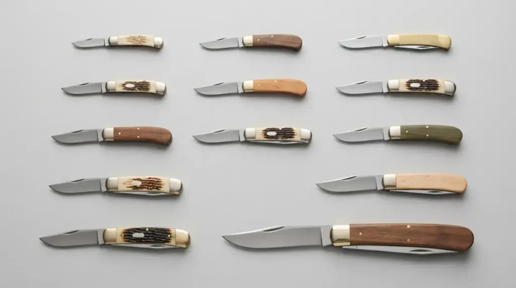A grid of eleven closed folding knives arranged by size on grey seamless paper