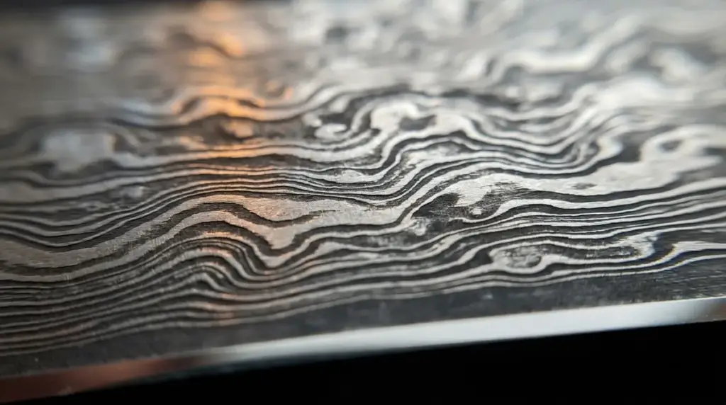 Macro of an etched pattern welded blade showing alternating light and dark layers