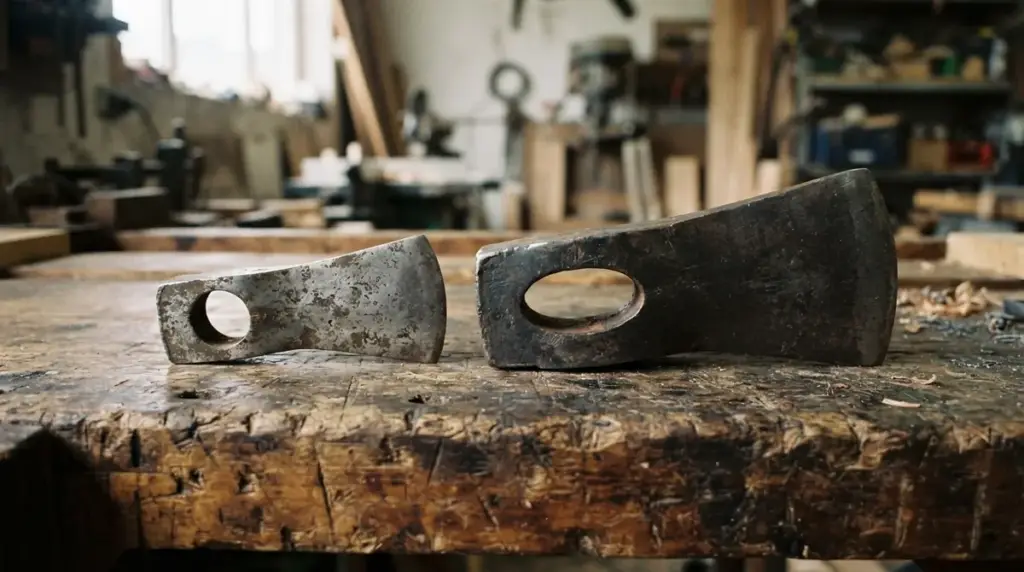 A light tomahawk head and a heavier axe head resting side by side on a workbench