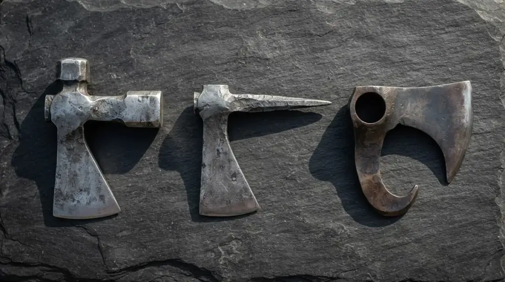 Three tomahawk heads showing a hammer poll, a spike poll and a bearded profile