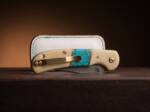 Alpine Turquoise Damascus ladies folding knife with white buffalo bone and turquoise handle and brass clip