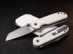 Linen Frost 14C28N stonewashed wharncliffe ladies folding knife with ivory Micarta handle and blue titanium clip