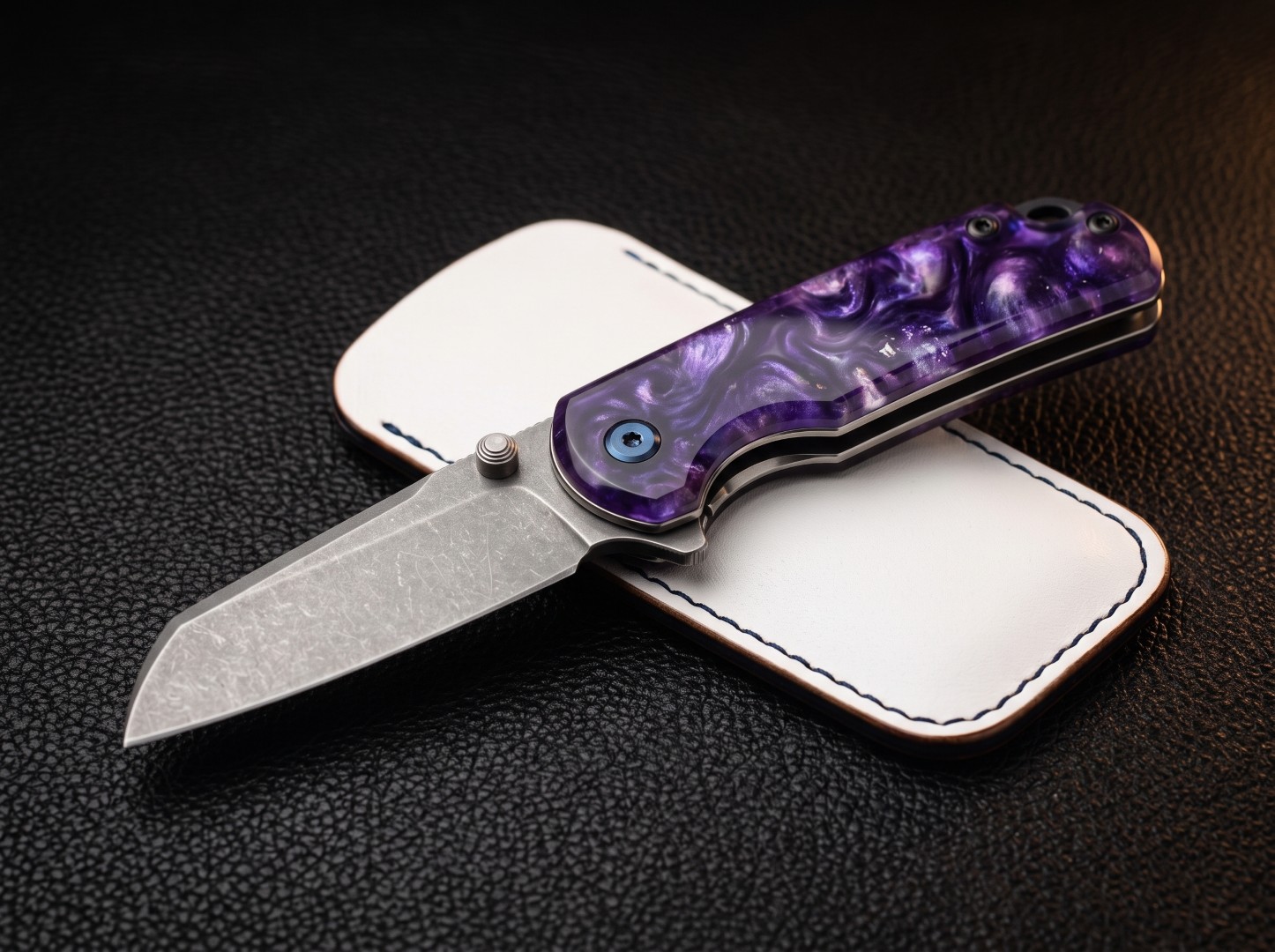 Amethyst Tide Handmade 14C28N Steel Wharncliffe Ladies Folding Knife | Violet Resin Handle | Liner Lock EDC with White Leather Pouch | BMK-1219