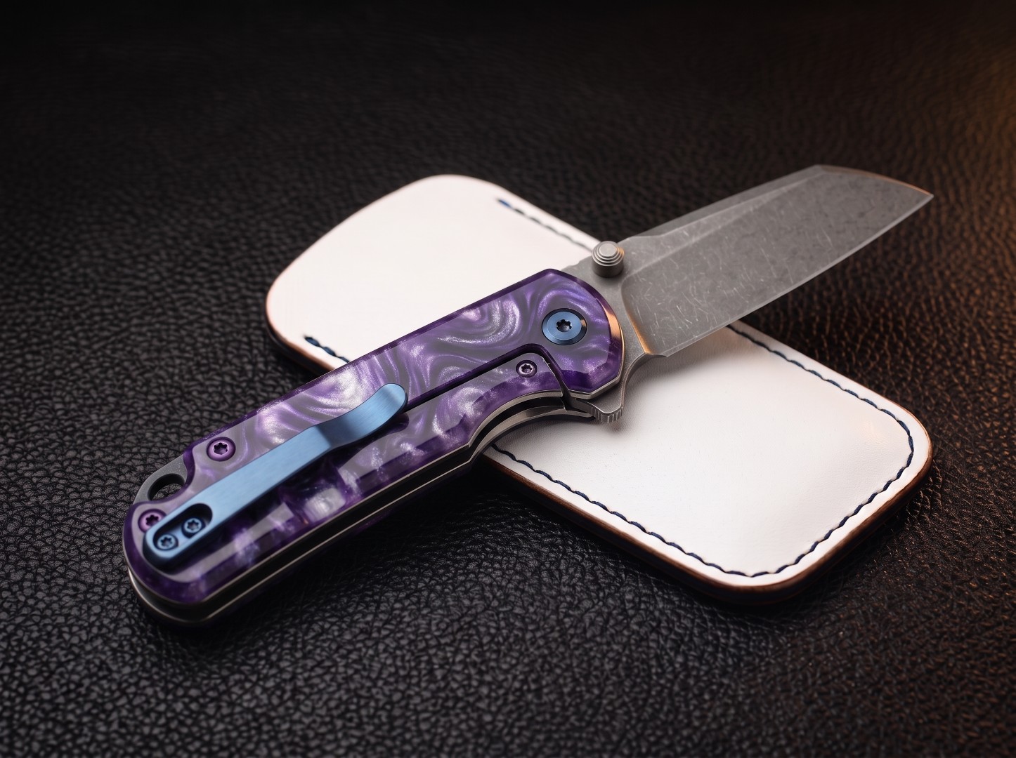 Amethyst Tide Handmade 14C28N Steel Wharncliffe Ladies Folding Knife | Violet Resin Handle | Liner Lock EDC with White Leather Pouch | BMK-1219 - view 2