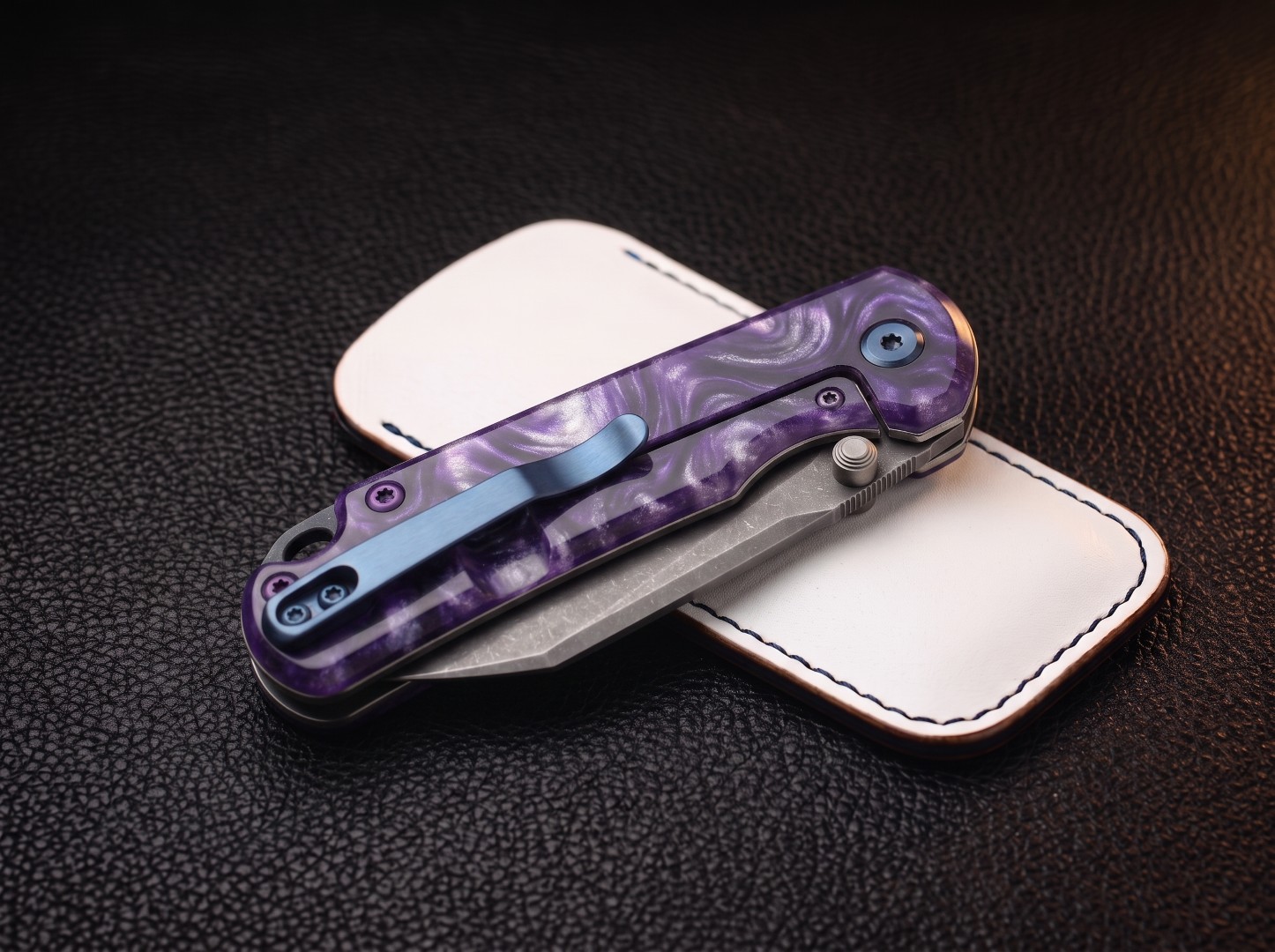 Amethyst Tide Handmade 14C28N Steel Wharncliffe Ladies Folding Knife | Violet Resin Handle | Liner Lock EDC with White Leather Pouch | BMK-1219 - view 3