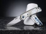 Moonstone Blue 14C28N satin drop point ladies folding knife with mother of pearl handle and blue titanium clip