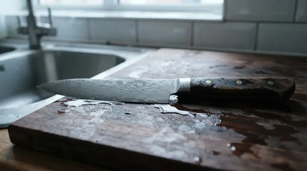 A Damascus kitchen knife left on a damp wooden draining board with pooled water