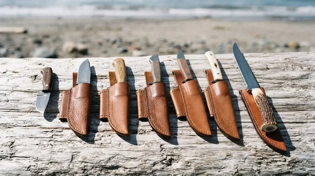 A row of seven fishing knives arranged by blade length on driftwood with leather sheaths below