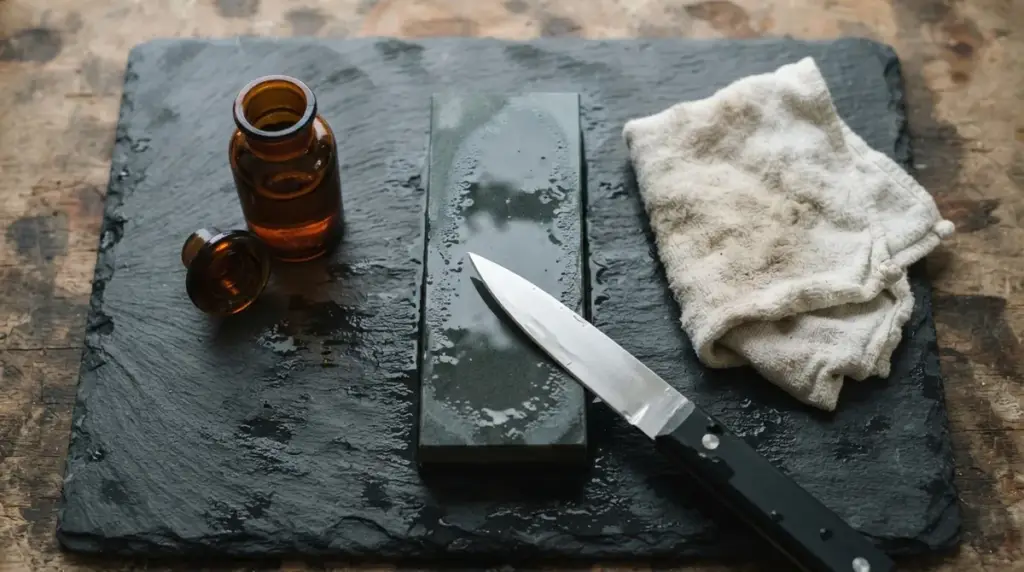 An oil bottle, a cloth, a damp whetstone and a blade laid out on dark slate