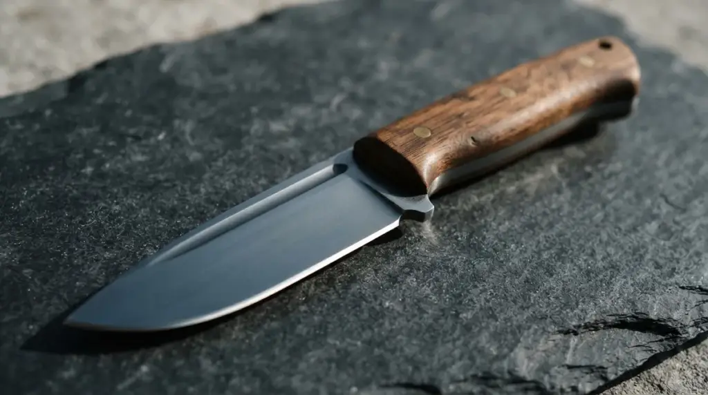 A stout fixed blade tilted to show the grind line and a crisp curved plunge