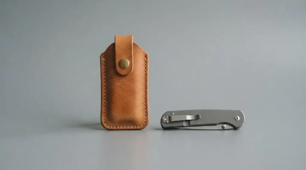 A fastened leather belt sheath beside a closed folder with a pocket clip
