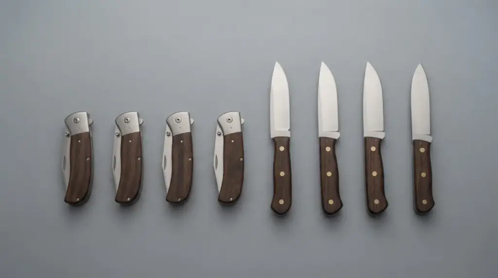 Rows of folding knives and fixed blade knives laid out on grey seamless