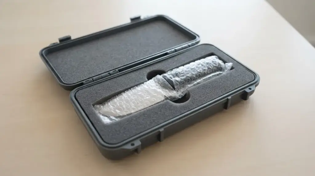 A wrapped fixed blade seated in cut grey foam inside a small rigid case