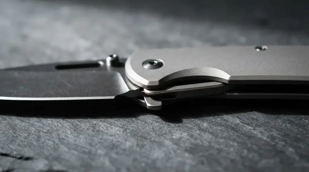 Macro of a frame lock knife showing the cut out lock bar wedged against the blade tang
