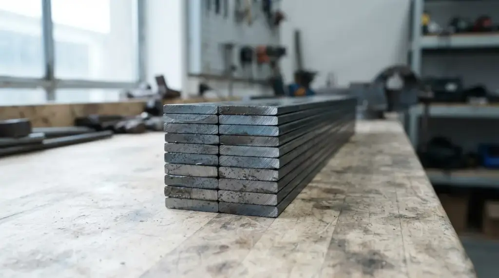 A stack of flat steel bar stock with the cut ends facing the camera