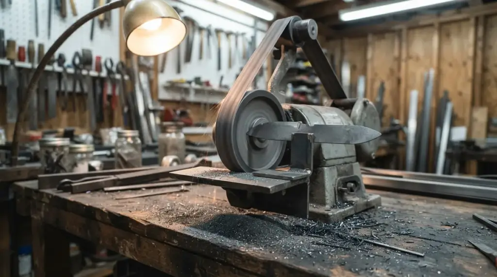 A knife blank clamped in a jig against a belt grinder