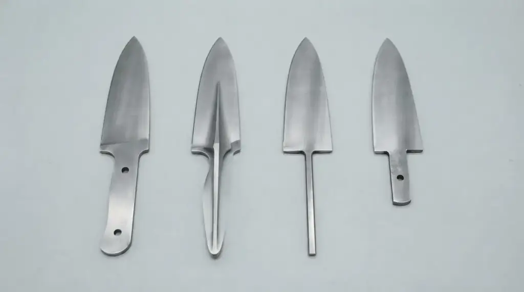 Four bare knife blanks showing full, tapered, stick and stub tang shapes