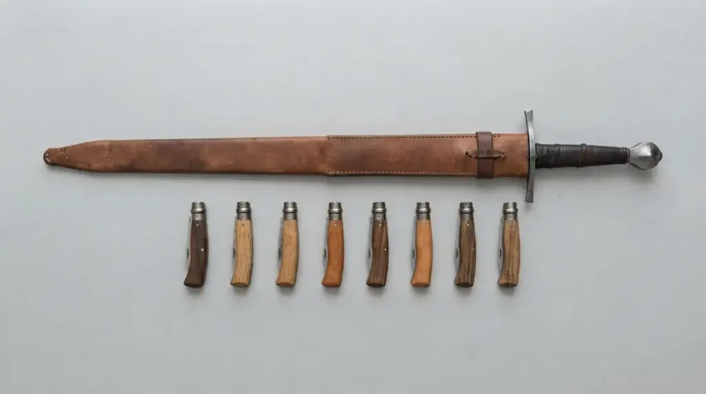 A single sheathed sword above a row of eight small closed folding knives of the same total length
