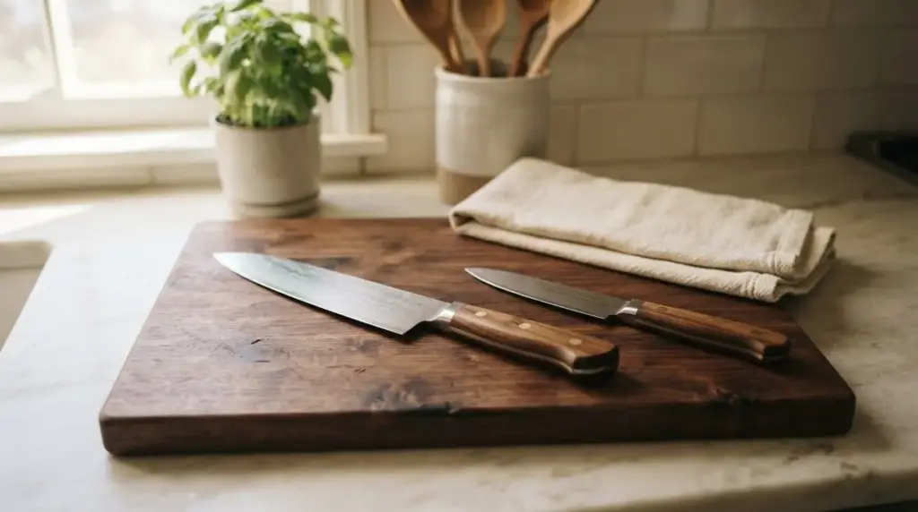 A chef knife and a small paring knife resting on an oiled walnut board