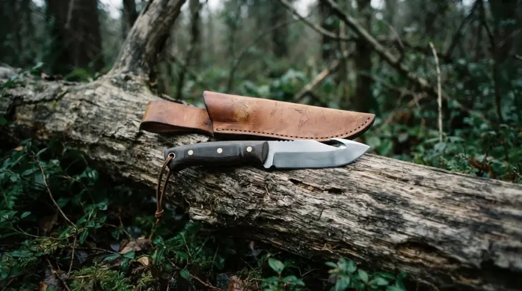 A gut hook fixed blade on a weathered log with its leather sheath behind