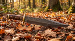 Briar Rose handmade Damascus bowie sword with twisted rose pattern clip point blade, stabilized walnut burl handle and brass cross guard on autumn woodland leaves