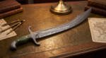 Emerald Crescent handmade Damascus kilij Turkish sword with high polish feather pattern yelman blade, green stabilized wood grip and hand engraved silver crossguard on a leather desk