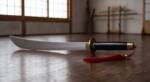 Black Lotus D2 steel Chinese dao sabre with gently curved satin blade, polished black buffalo horn grip, ornate brass disc guard and red tassel on a dojo floor