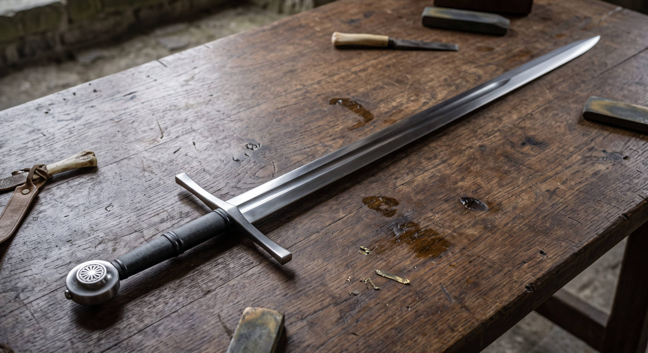 Ironcross Handmade D2 Steel Medieval European Longsword | 36 Inch Mirror Polished Double Edged Blade with Narrow Fuller & Diamond Cross Section | Black Leather Two Handed Grip with Steel Risers & Disc Pommel | Leather Scabbard | Knightly Collector Gift for Him | BMK-1136