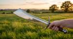 Oak Reaver D2 steel medieval falchion sword with mirror polished broad curved blade, dark oiled oak grip and steel crossguard held in a meadow at sunset