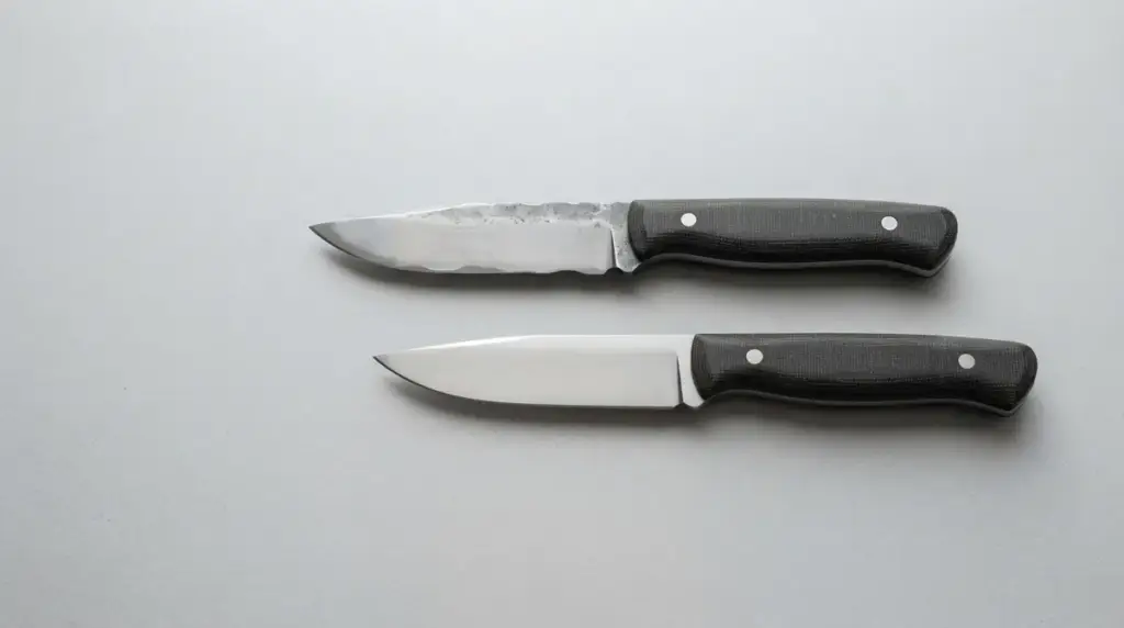 A hand ground blade with hammer texture beside a machine even factory blade