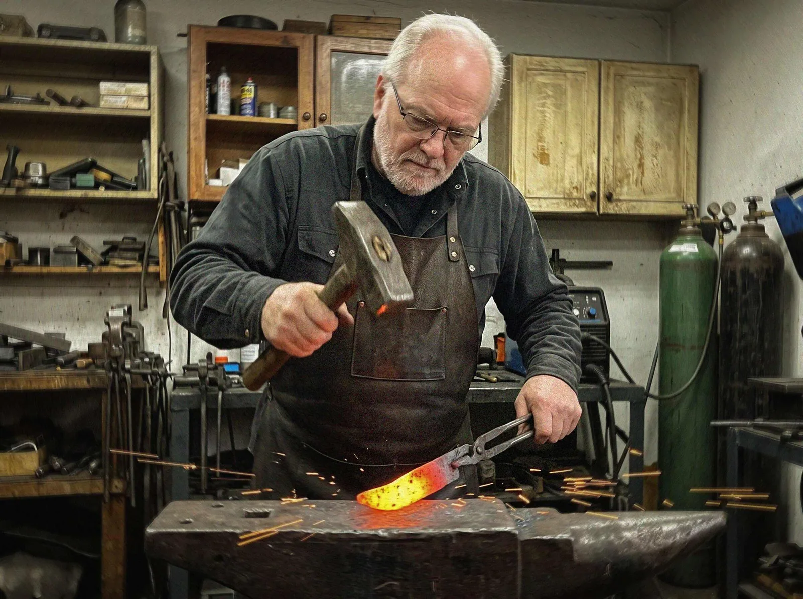 Hand-forging a Damascus knife blade on the anvil, the steel glowing orange at forging heat