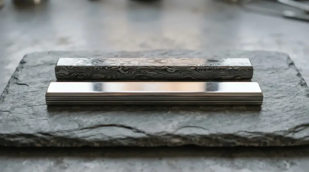 Two polished steel bars showing flowing bands and stacked welded layers