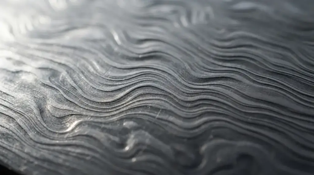 Macro of a banded polished steel surface under raking light