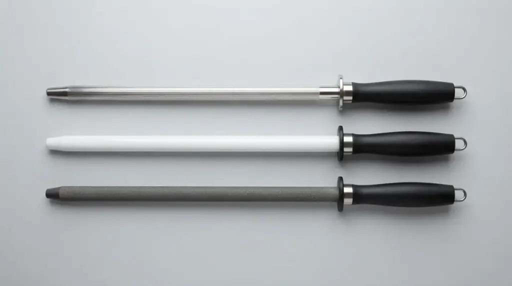A grooved steel rod, a smooth white ceramic rod and a dark diamond rod in a row
