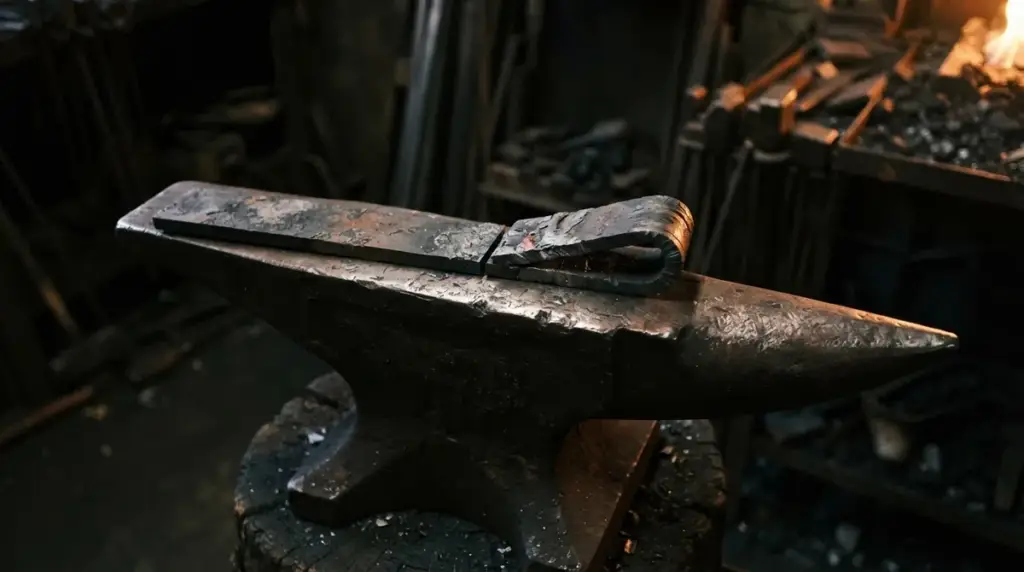 A forge welded steel bar cut partway through and folded back on itself on an anvil