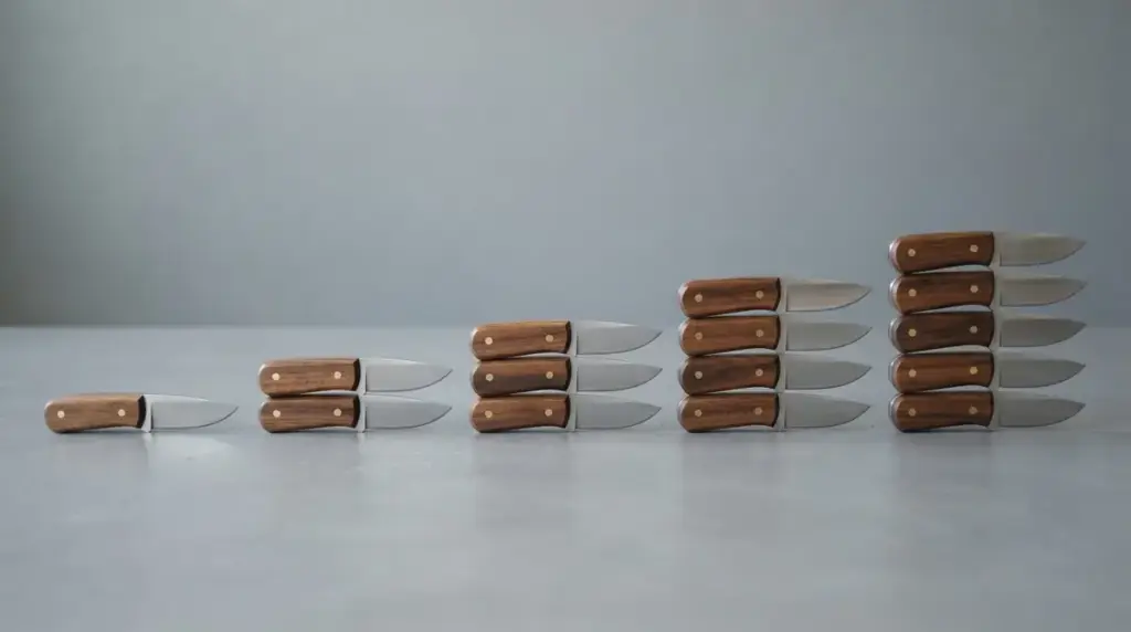 Five stacks of knives rising in size from one piece to a tall stack