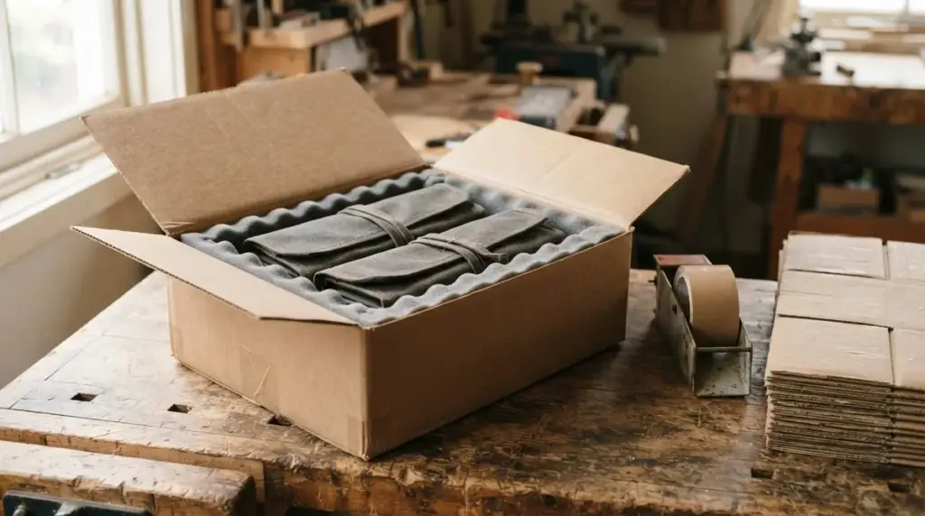 An open shipping carton packed with padded foam inserts on a workshop bench