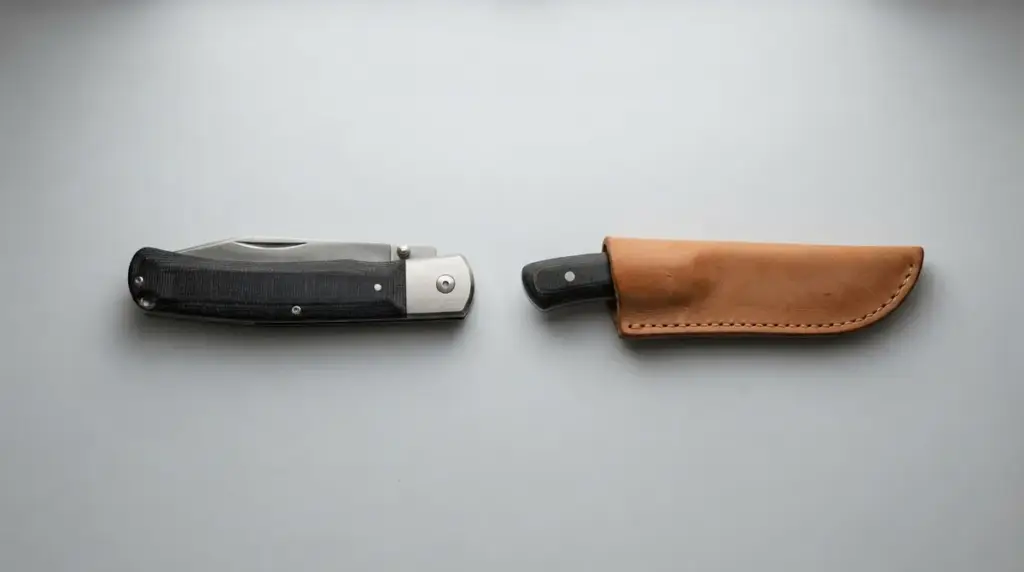 A closed folding pocket knife beside a compact sheathed fixed blade on grey