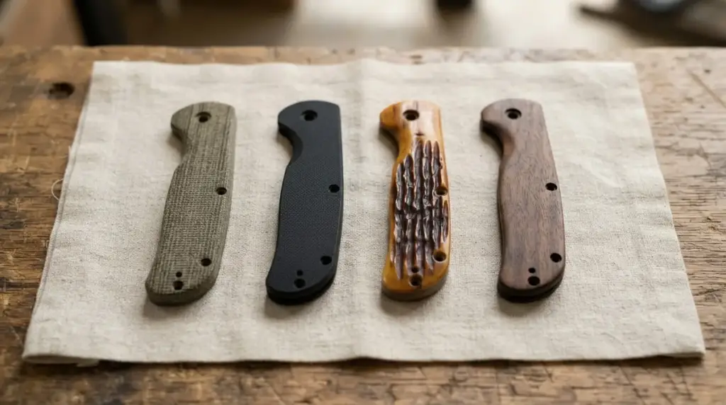 Four folder handle scales on linen, micarta, G10, jigged bone and walnut