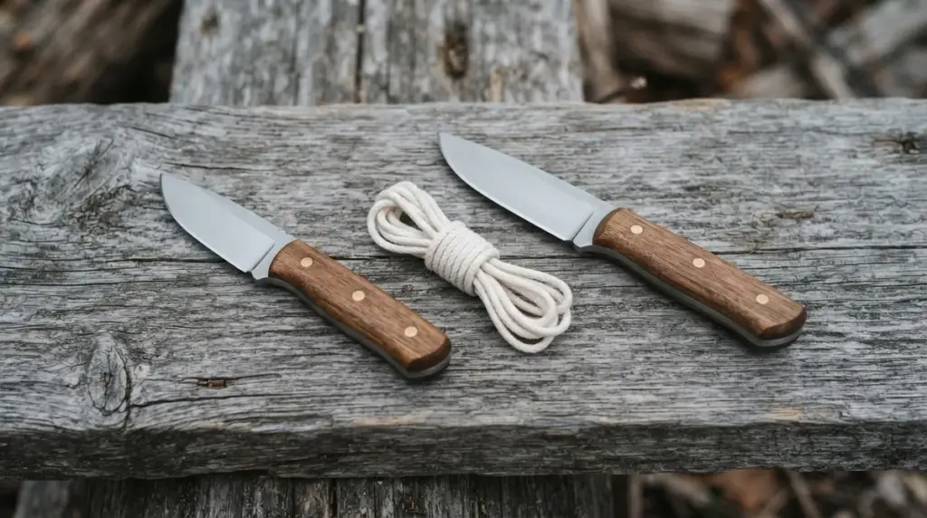 A three inch and a four inch drop point hunting knife side by side on a grey plank