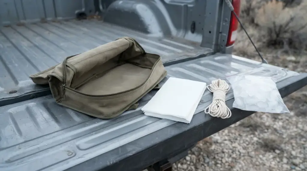 An open canvas game bag with clean paper towels, cord and bagged ice on a tailgate