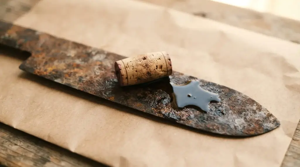 A wine cork and a pool of oil on a rusted carbon steel blade on kraft paper