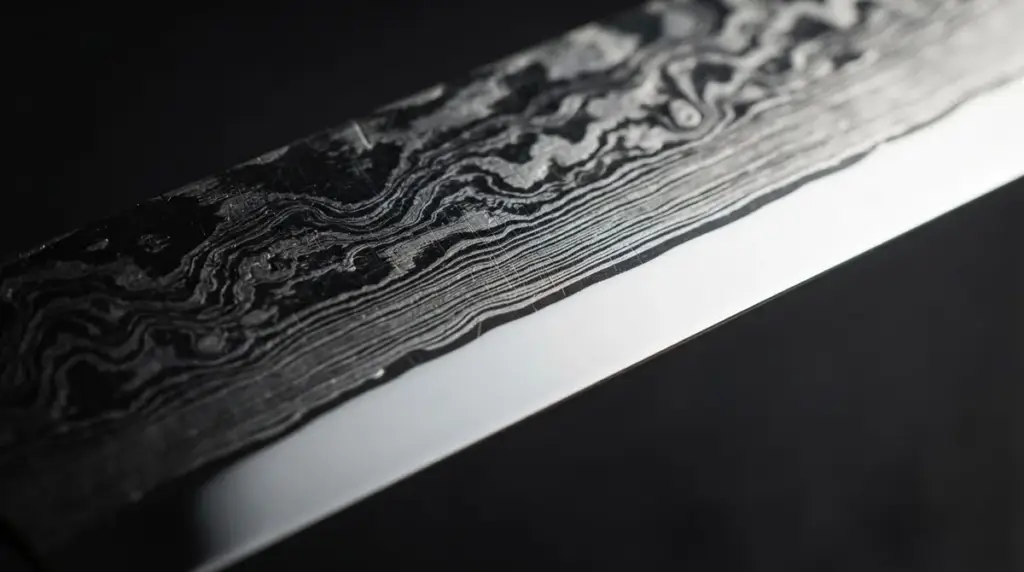 Macro of a Damascus edge with a plain bright bevel below the layered pattern