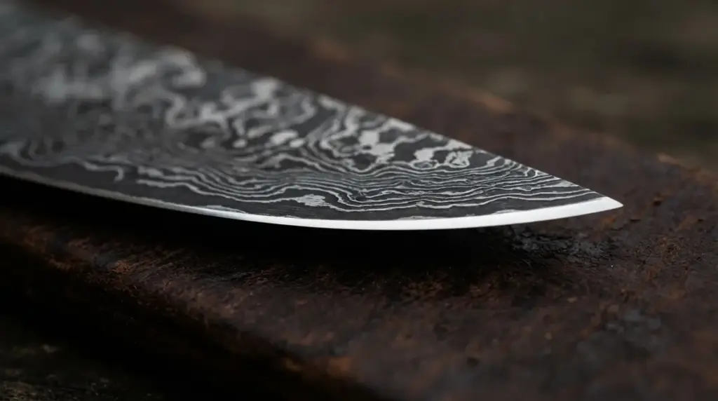 Macro of a Damascus edge where only a hairline at the apex is bright