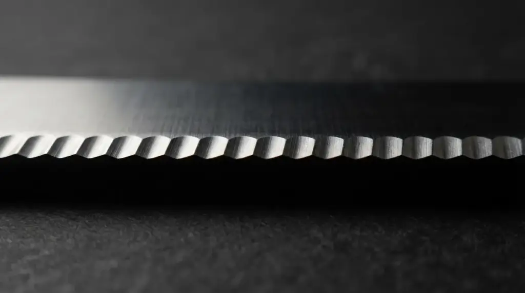 Close view along a serrated edge showing the angled facet on one side of each tooth