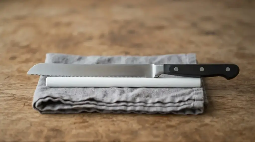 A serrated blade lying flat against a white ceramic rod on a folded cloth